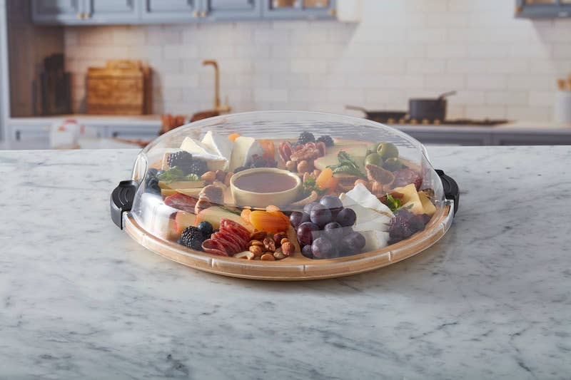 14-in Round Build-a-Board Bamboo Cutting Board with Five Compartments and Clear Locking Lid, Black Handles