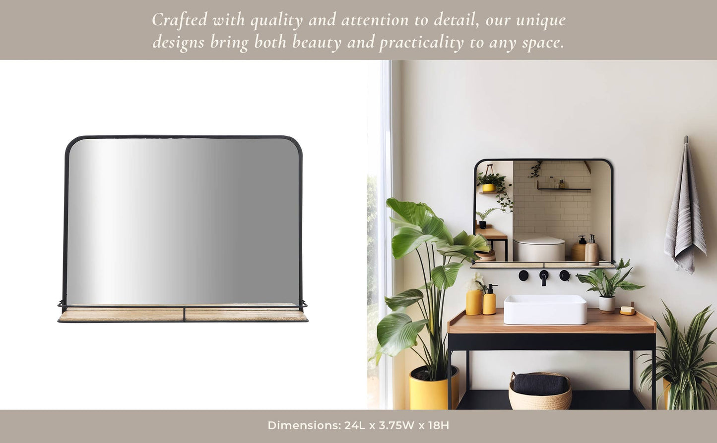 Metal Wood Wall Mirror with Folding Shelf - Black, 18 in.
