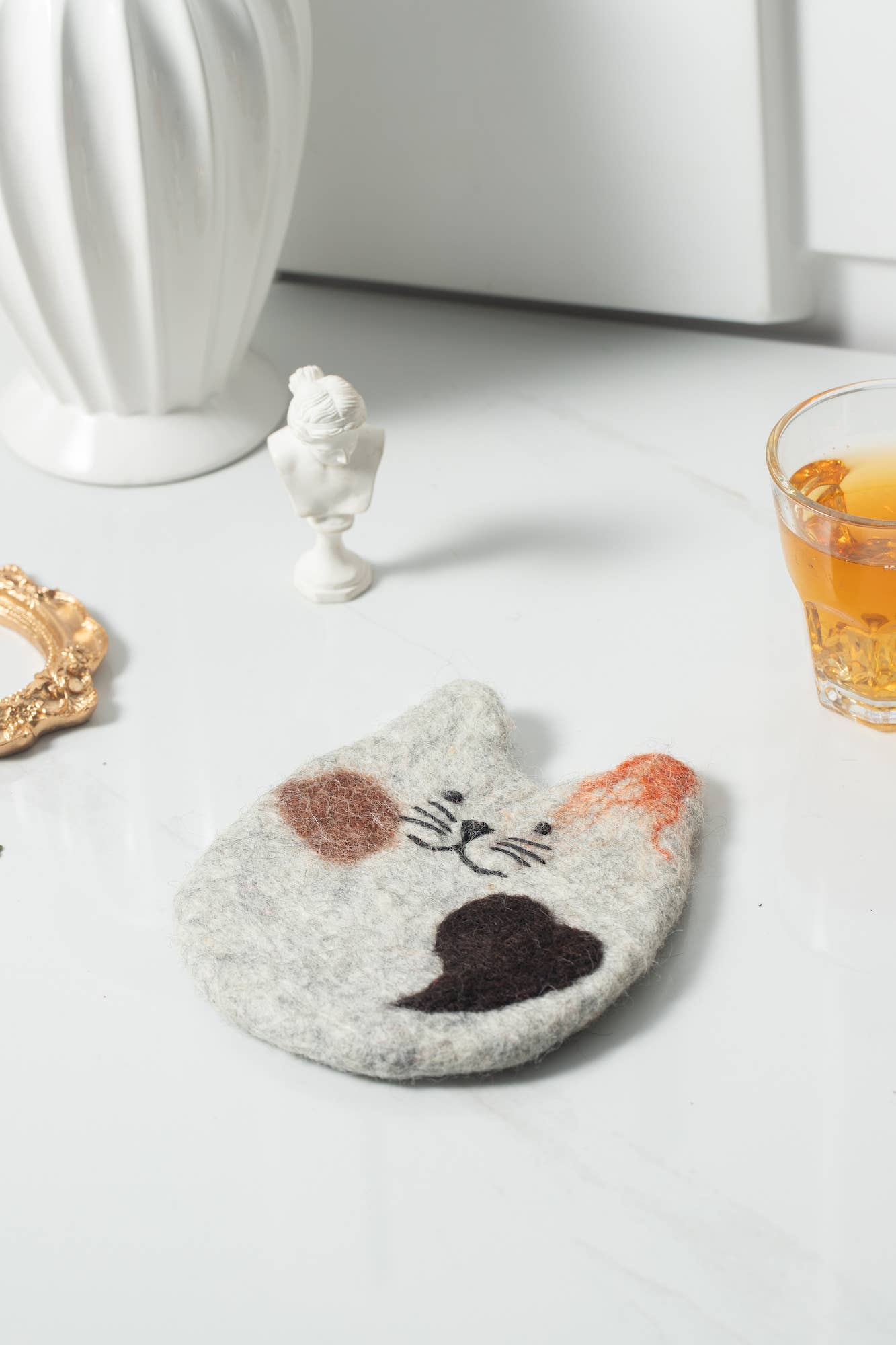 Handmade Felt Coffee Cup Mug Table Mat Coasters - Fatty Cat: White