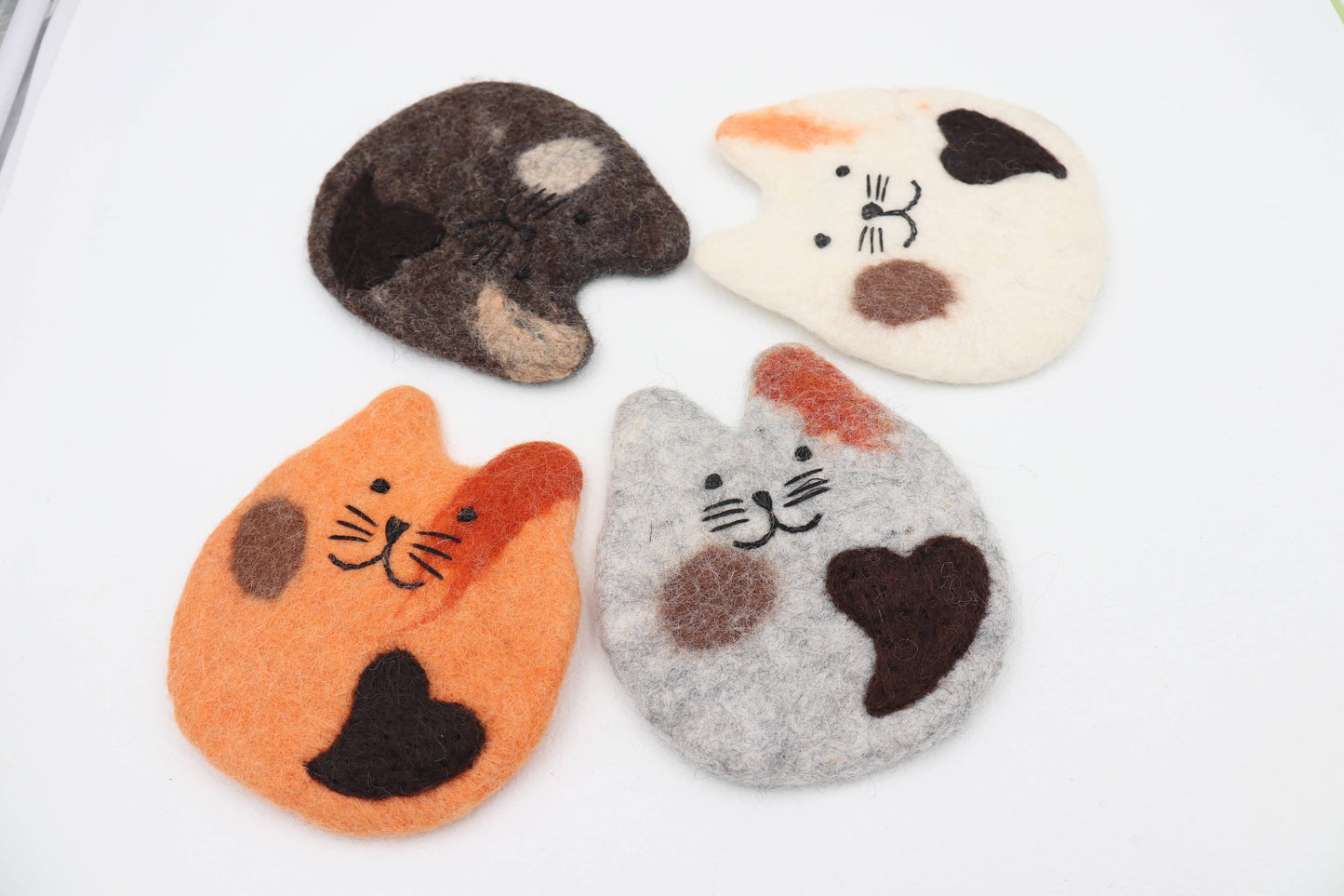 Handmade Felt Coffee Cup Mug Table Mat Coasters - Fatty Cat: White