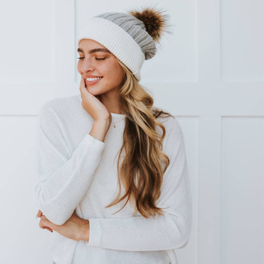 2 Tone Angora Knit Fur Pom Beanie: White with Grey Trim