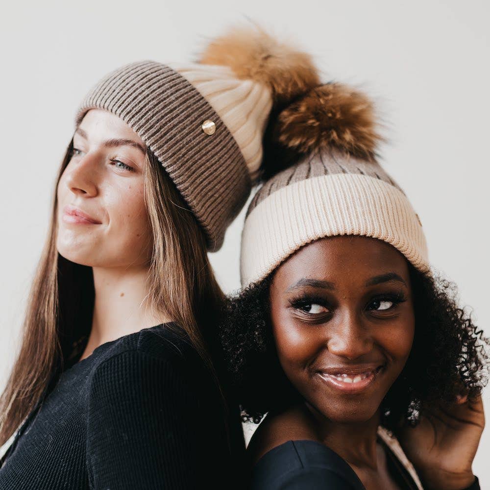 2 Tone Angora Knit Fur Pom Beanie: White with Grey Trim
