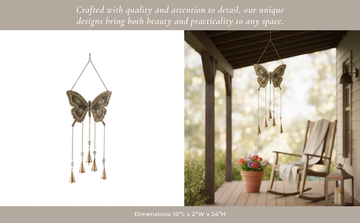 Wind Chime - Gold Metal Beads Mosaic Butterfly, 24 in.