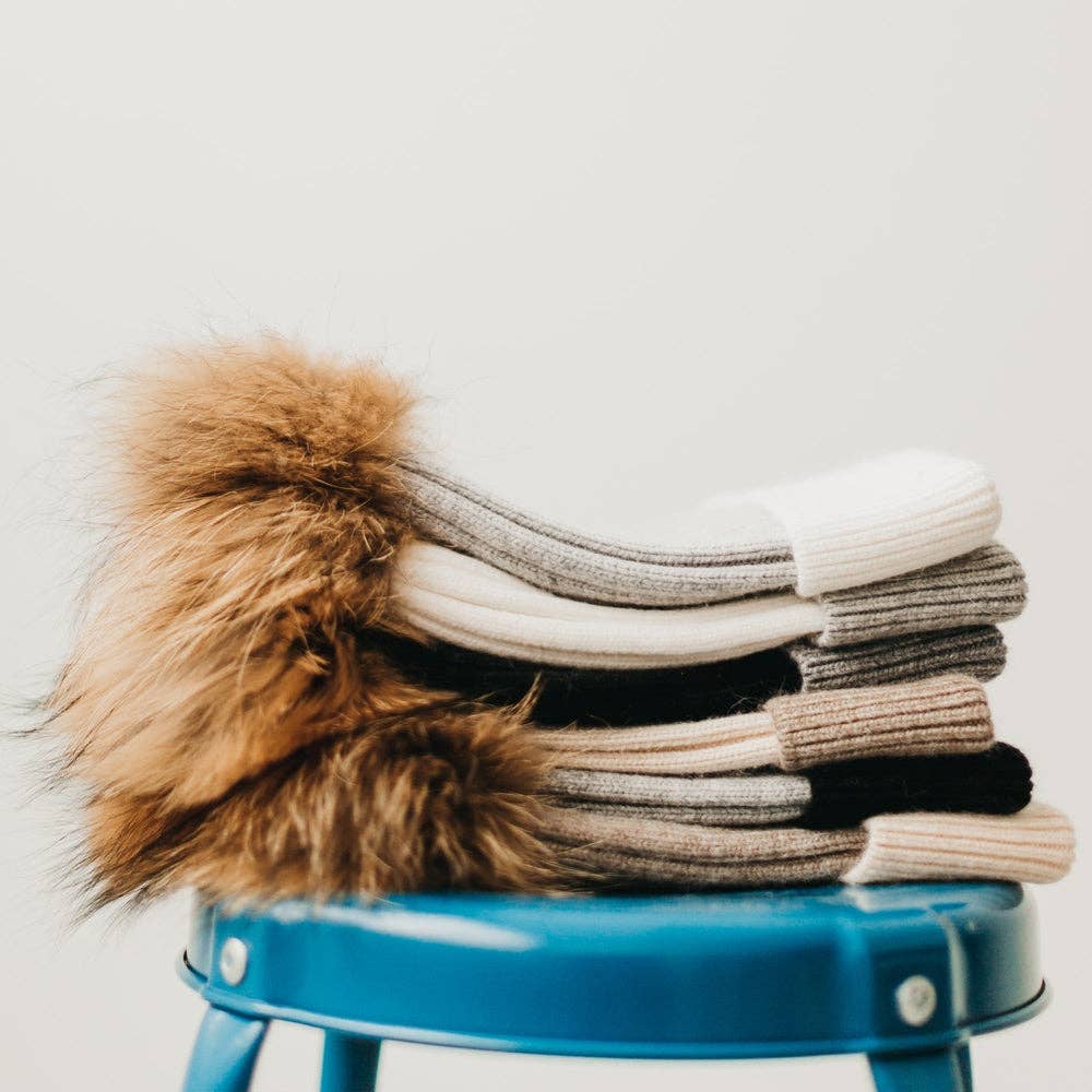 2 Tone Angora Knit Fur Pom Beanie: White with Grey Trim
