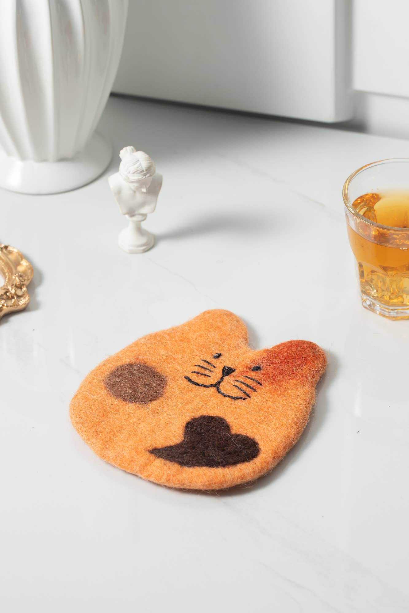 Handmade Felt Coffee Cup Mug Table Mat Coasters - Fatty Cat: White