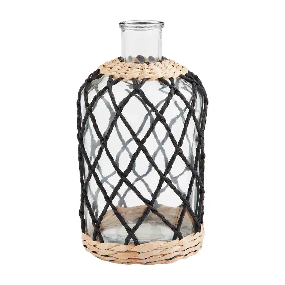 : LARGE BLACK WRAPPED GLASS VAS
