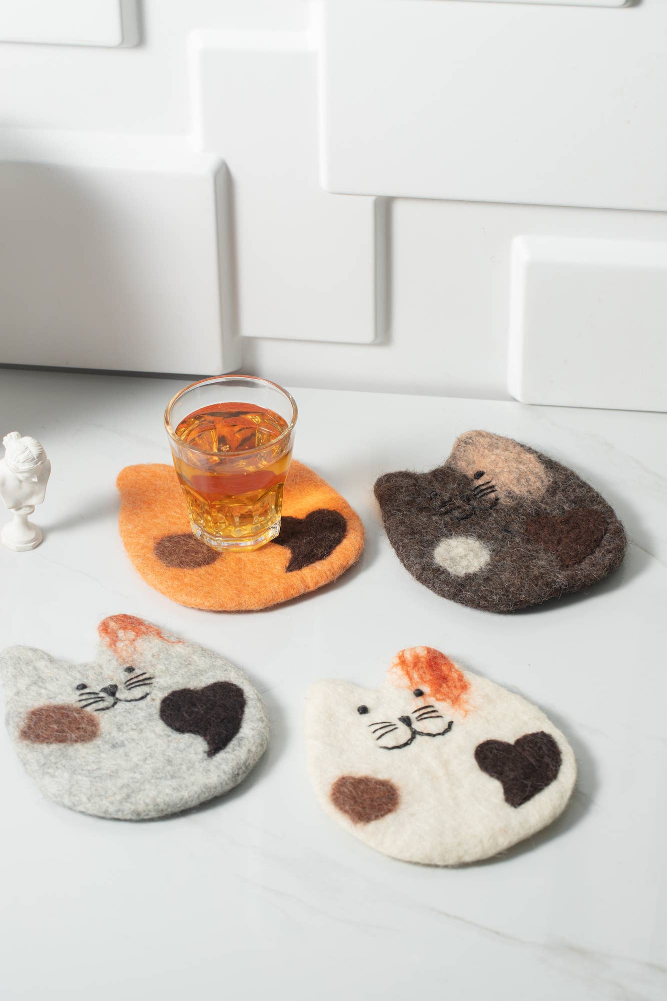 Handmade Felt Coffee Cup Mug Table Mat Coasters - Fatty Cat: White