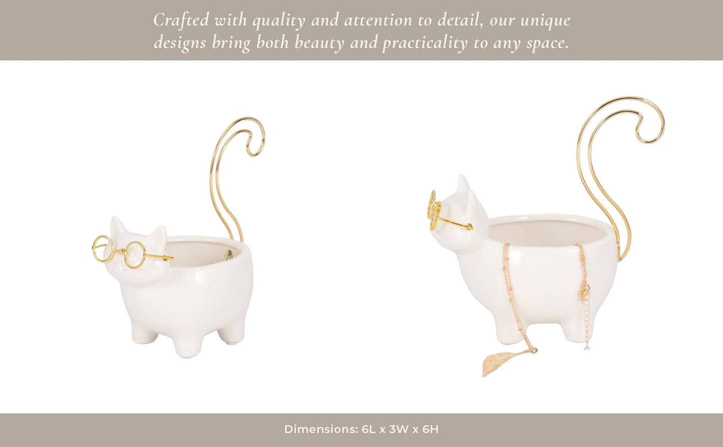 Trinket Dish - White/Gold Ceramic Boho Kitty, 7 in.