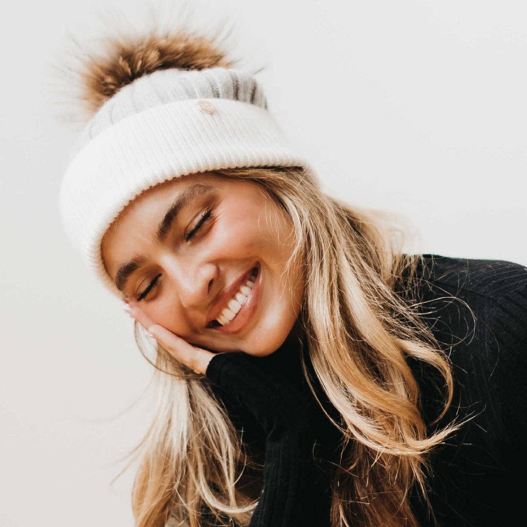 2 Tone Angora Knit Fur Pom Beanie: White with Grey Trim