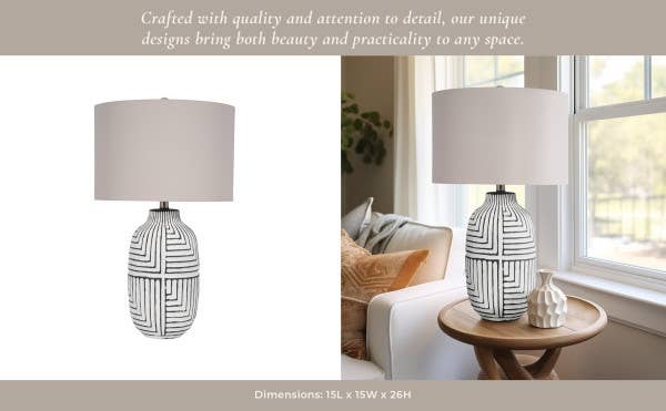 Table Lamp - White Ceramic Boho Tribal Textured, 26 in.