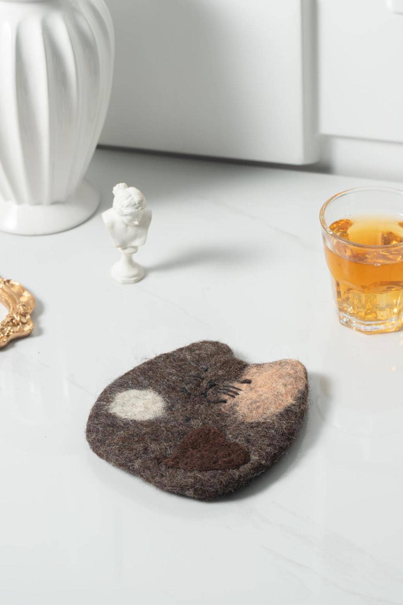 Handmade Felt Coffee Cup Mug Table Mat Coasters - Fatty Cat: White