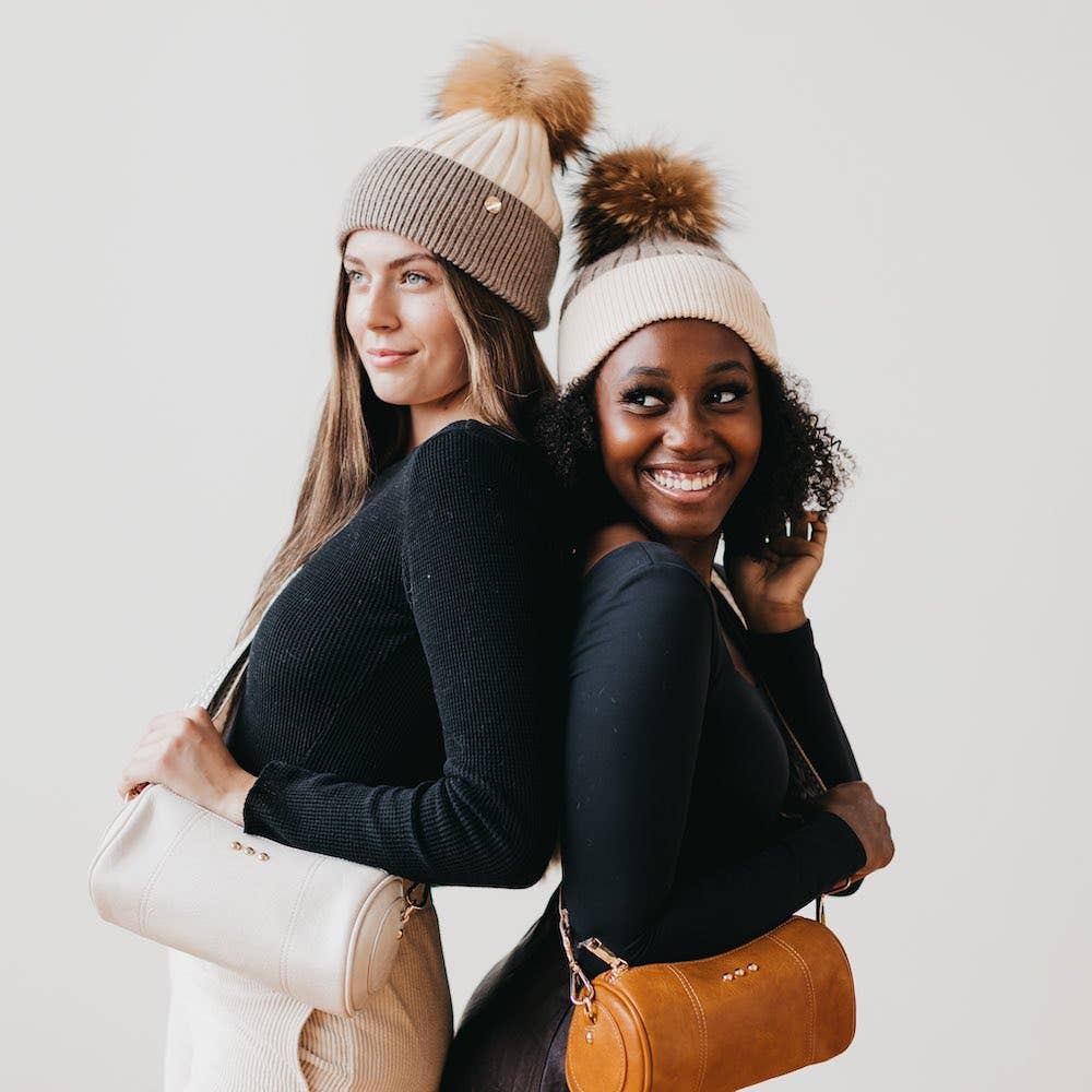 2 Tone Angora Knit Fur Pom Beanie: White with Grey Trim