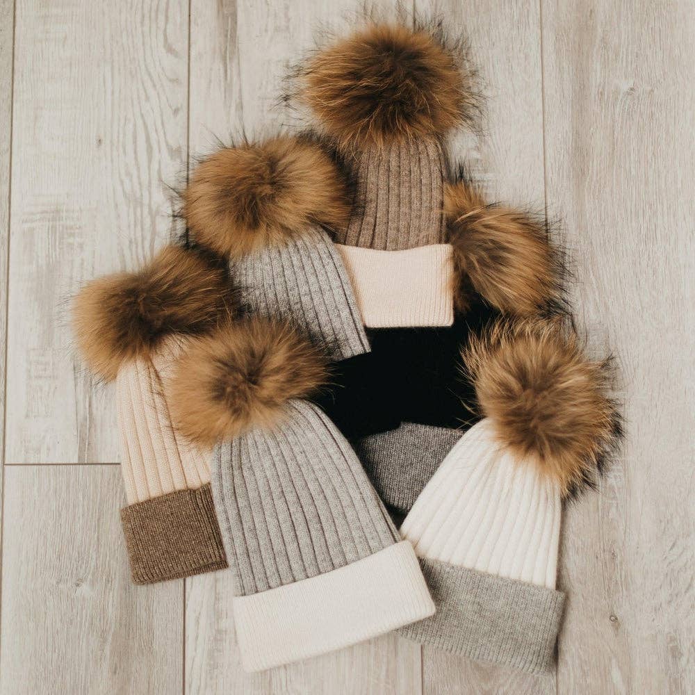 2 Tone Angora Knit Fur Pom Beanie: White with Grey Trim