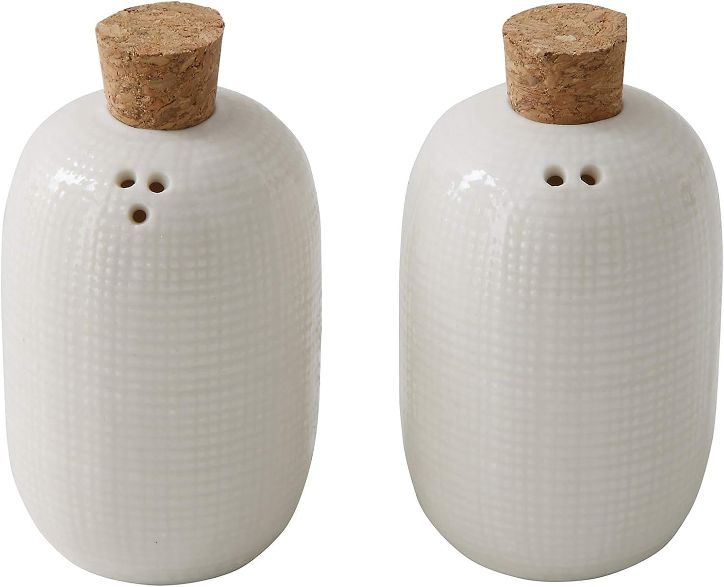 Set of 2 White Embossed Ceramic Salt & Pepper Shakers with Cork Stoppers