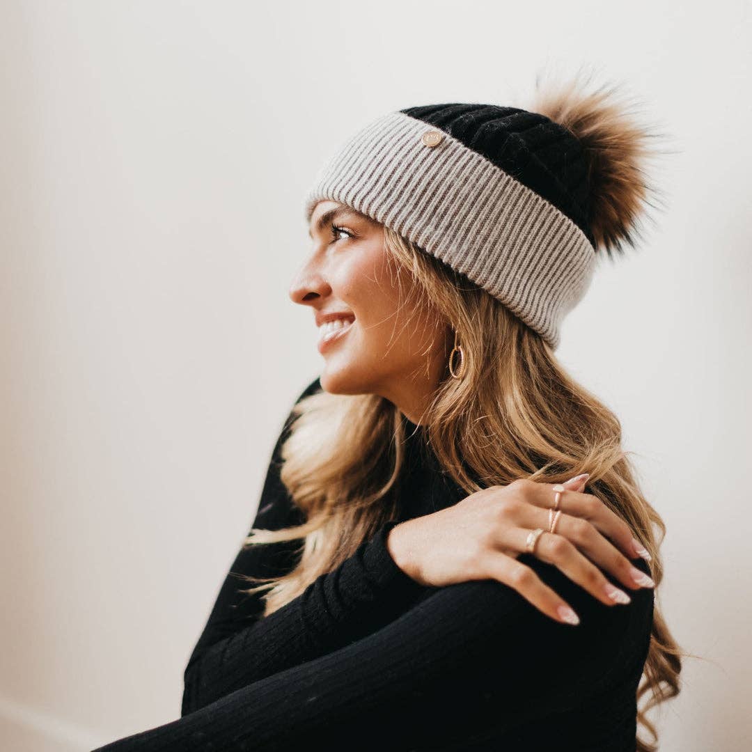 2 Tone Angora Knit Fur Pom Beanie: White with Grey Trim
