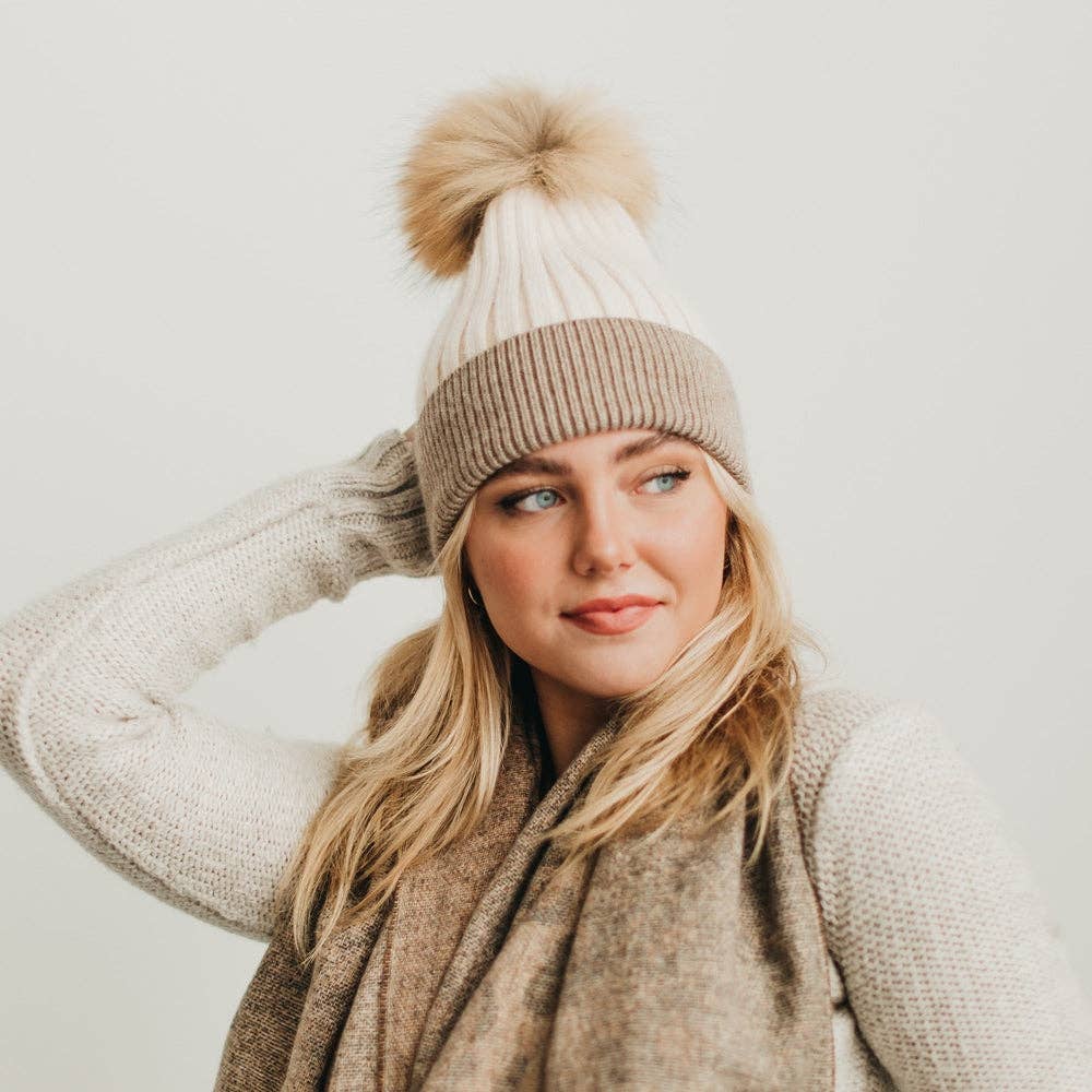 2 Tone Angora Knit Fur Pom Beanie: White with Grey Trim