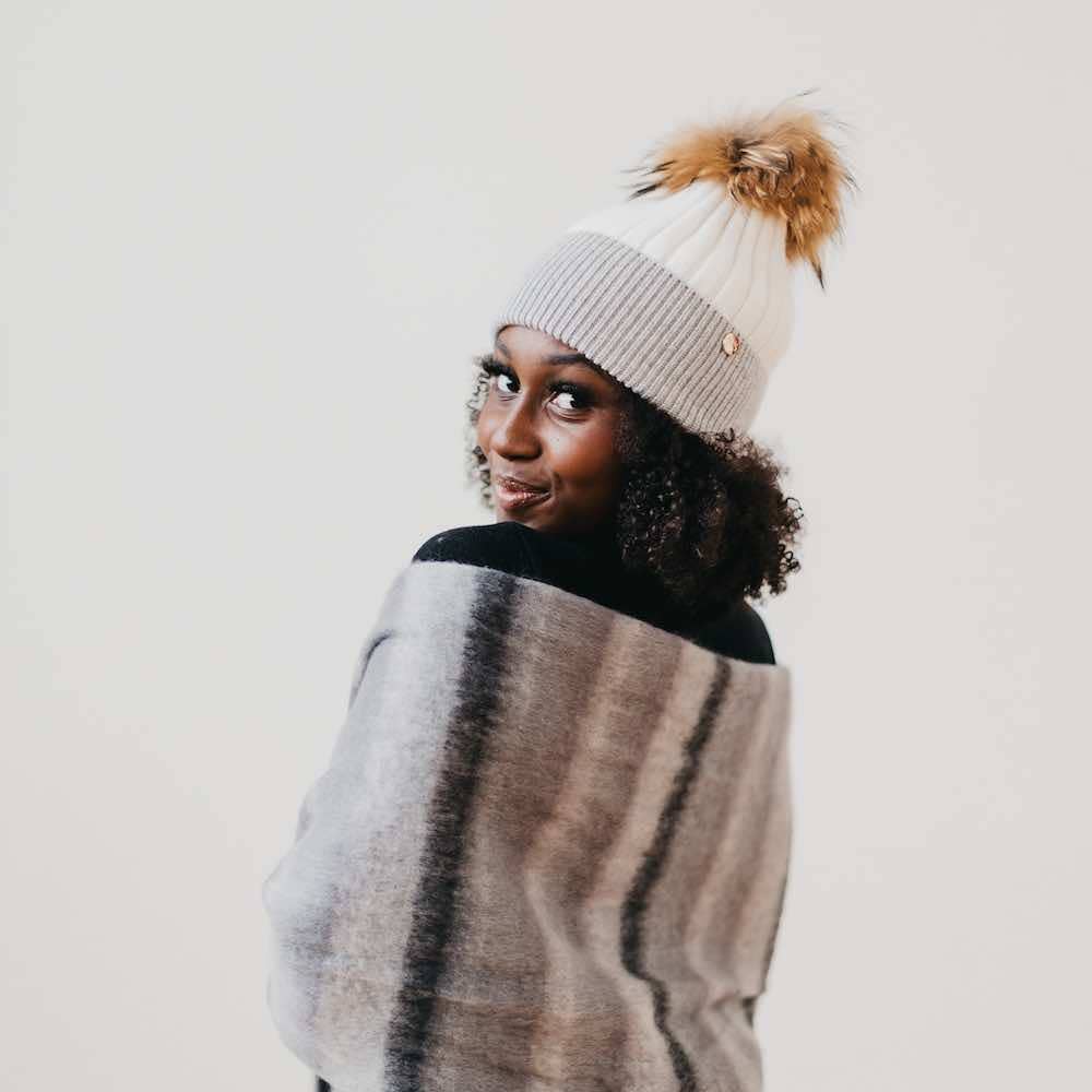 2 Tone Angora Knit Fur Pom Beanie: White with Grey Trim