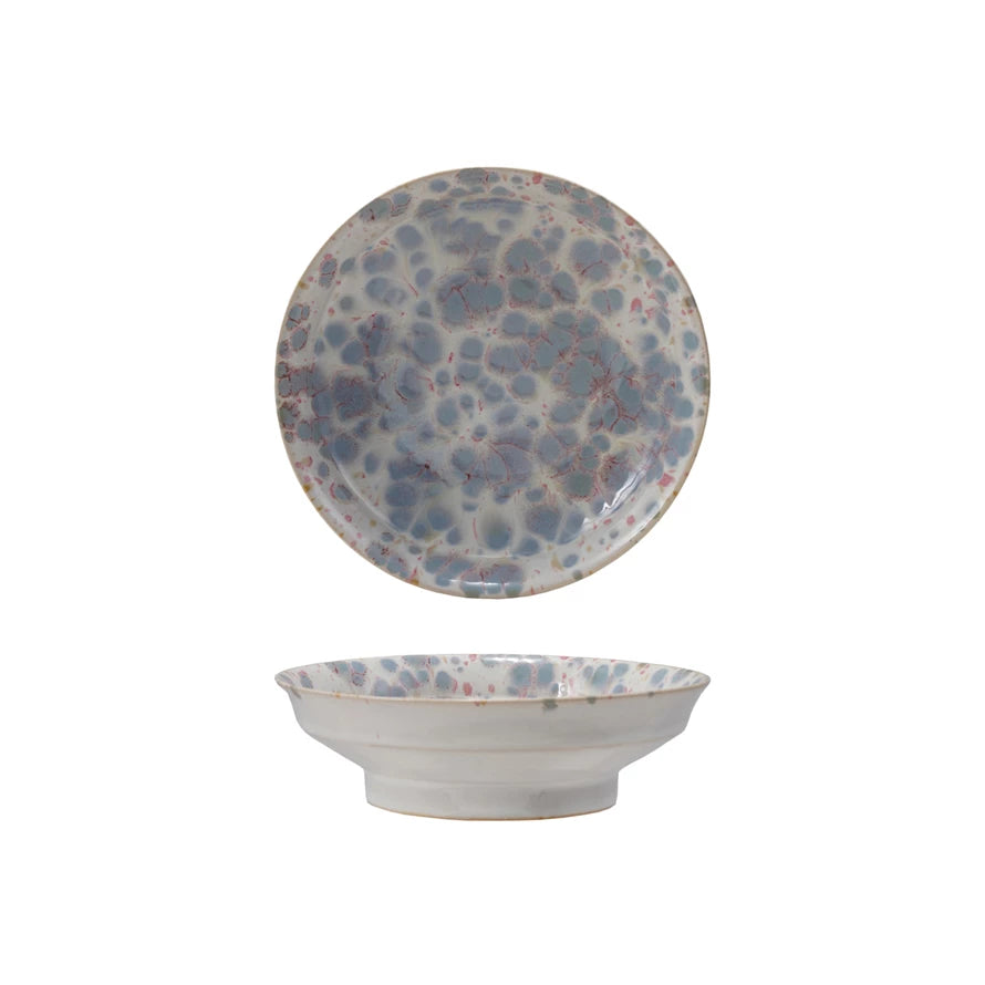 Stoneware Footed Bowl, Reactive Glaze, Blue & White (Each One Will Vary)
