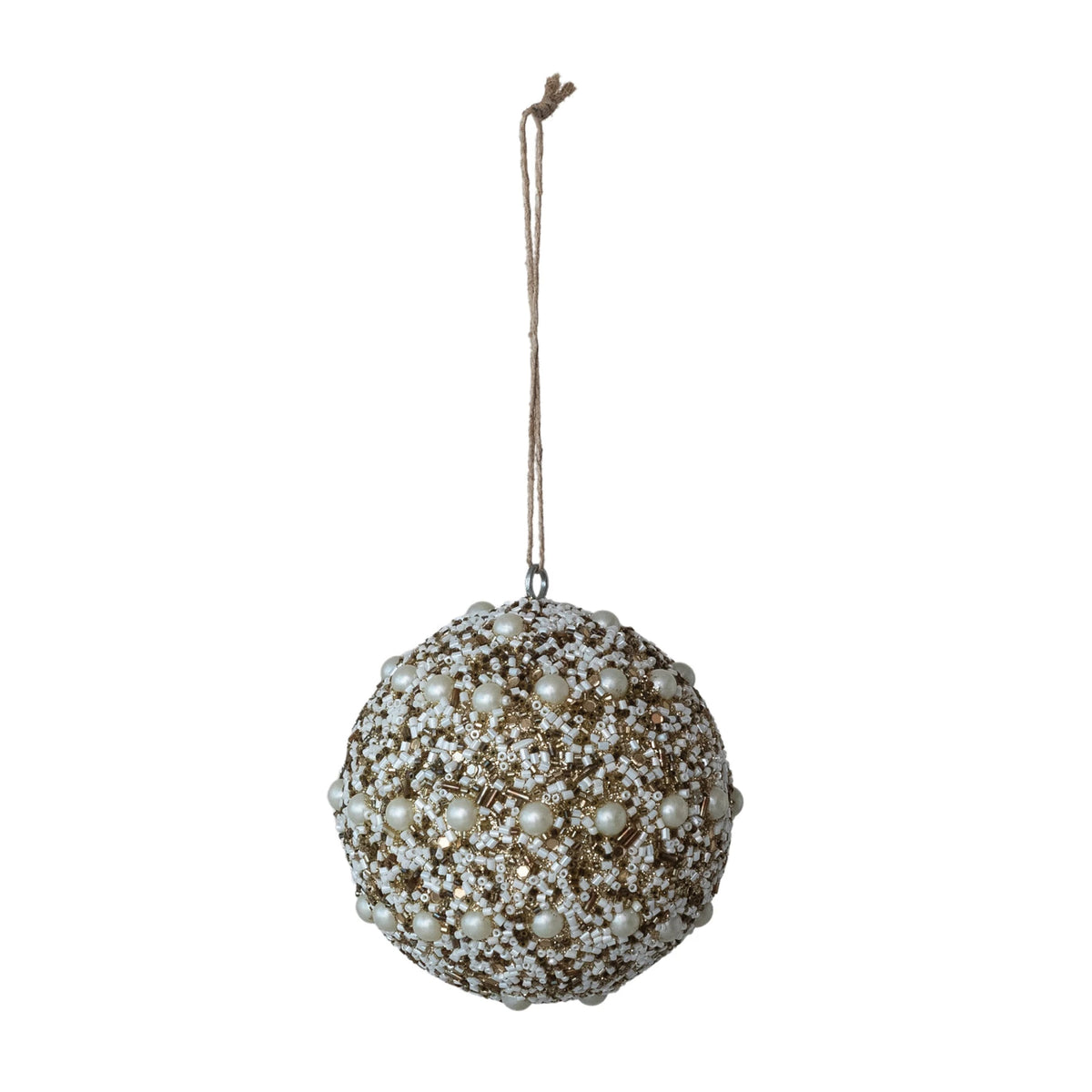 Glass Beaded Plastic Ball Ornament with Faux Pearls, Ivory Color & Gold Finish