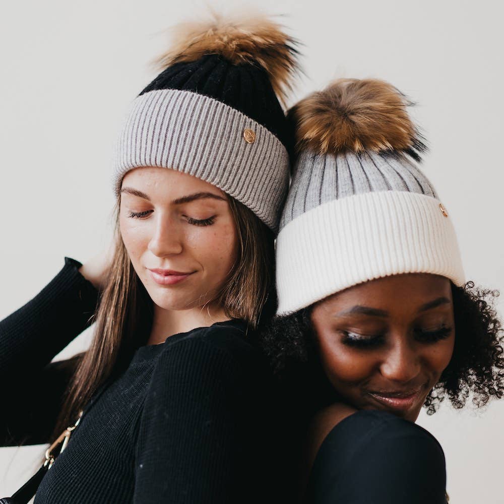 2 Tone Angora Knit Fur Pom Beanie: White with Grey Trim