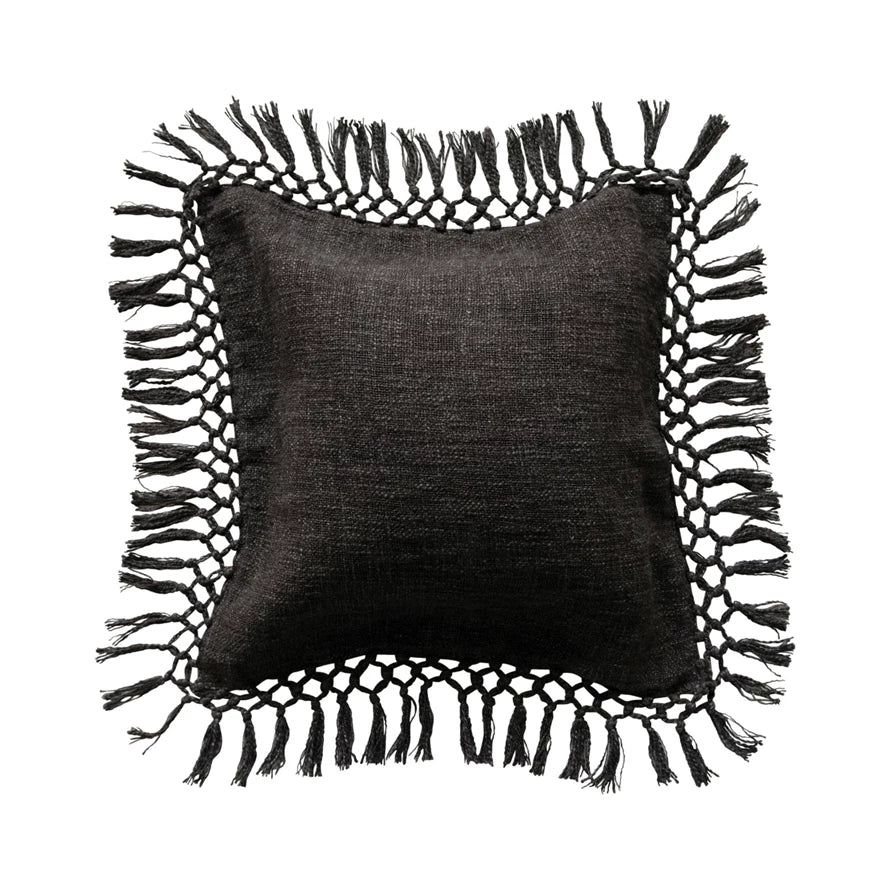 20" Cotton Slub Pillow w/ Crochet & Fringe, Polyester Fill