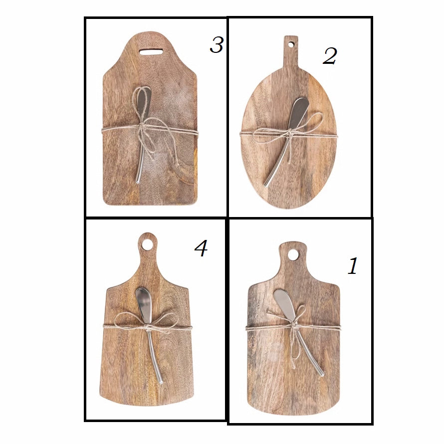 Mango Wood Cheese/Cutting Board w/ Handle & Canape Knife, 4 Styles, Set of 2