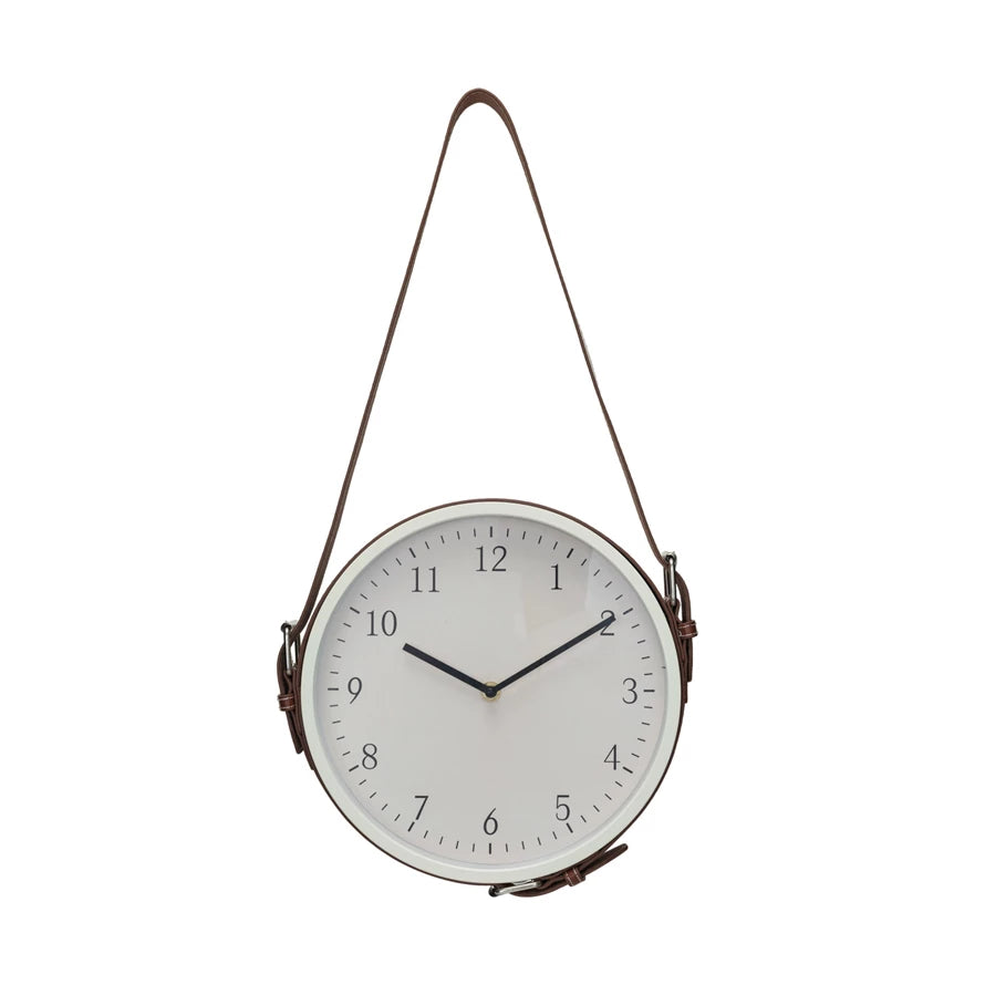 0" Round x 20-1/2"H Hanging Plastic Wall Clock w/ Adjustable Leather Strap, White & Brown (Requires 1-AA Battery)