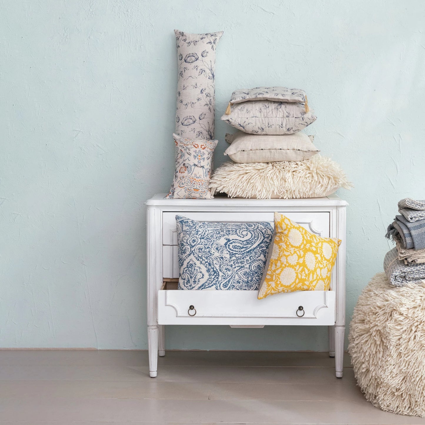 20" Square Cotton & Linen Printed Pillow w/ Pattern (Each One Will Vary)