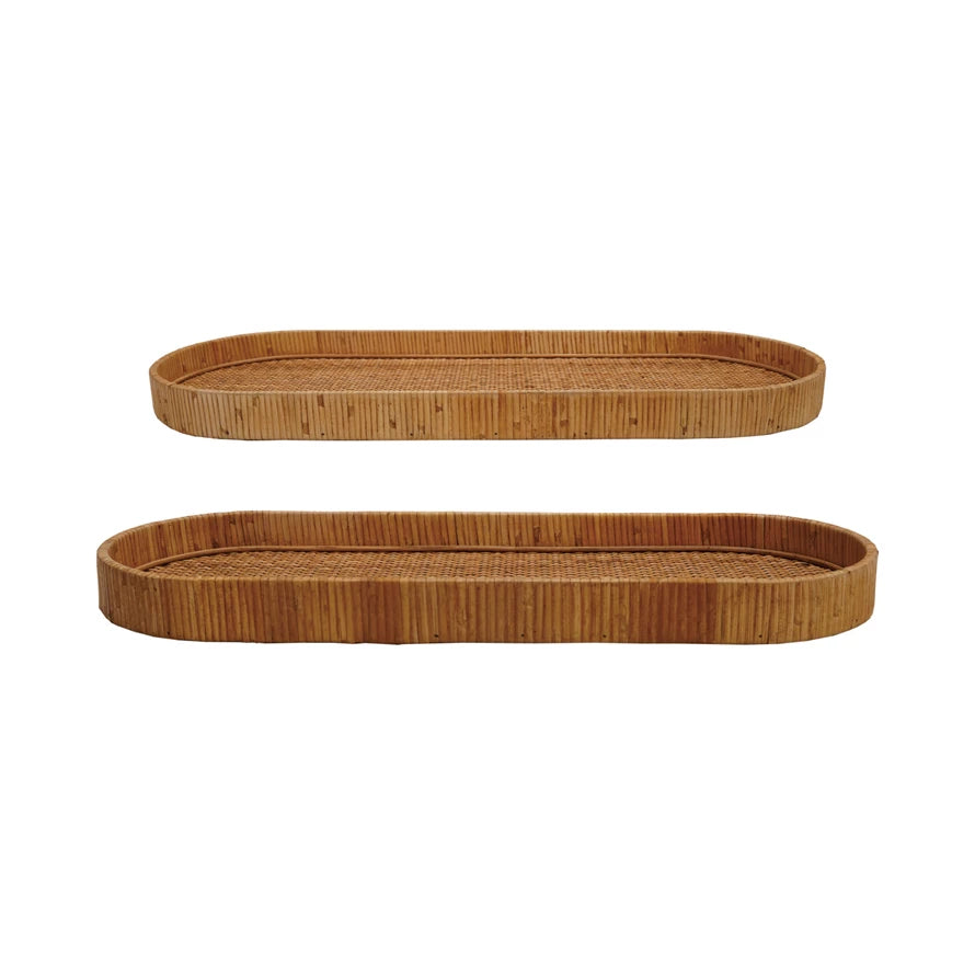 Oval Decorative Hand-Woven Rattan Tray, Natural,