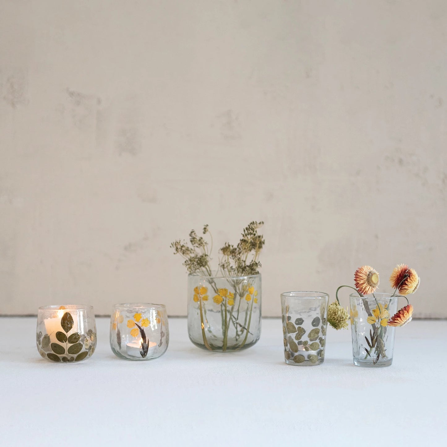 Handmade Glass Tealight/Votive Holder with Embedded Natural Moringa Leaves