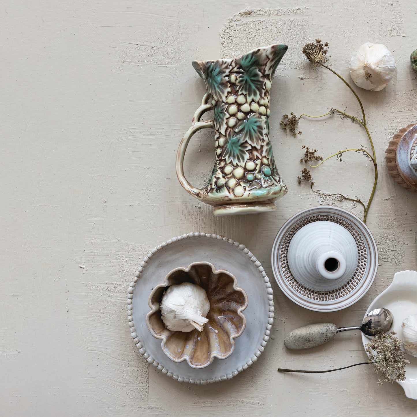 Stoneware Low Bowl with Hobnail Rim, White (Each One Will Vary)