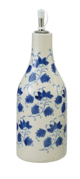 Stoneware Oil Cruet with Floral Pattern, Stainless Steel Spout & Plastic Cover,