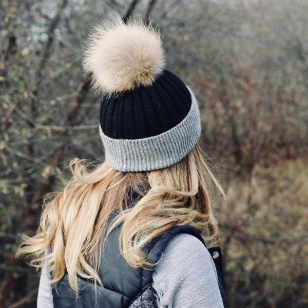 2 Tone Angora Knit Fur Pom Beanie: White with Grey Trim
