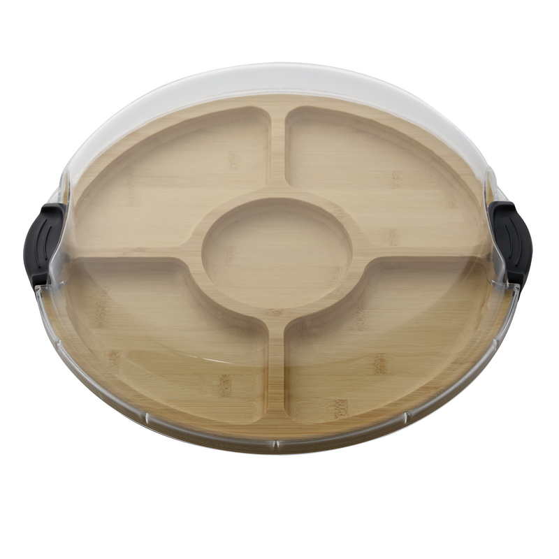 14-in Round Build-a-Board Bamboo Cutting Board with Five Compartments and Clear Locking Lid, Black Handles