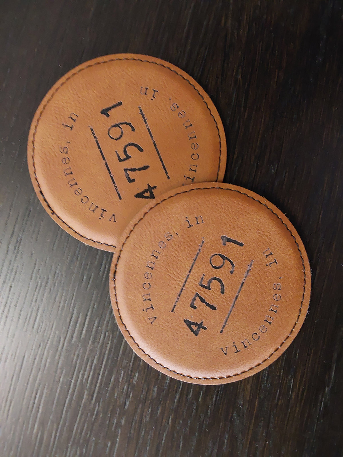 Postmark Stamp -47591 Vincennes, In Round Leatherette Coaster