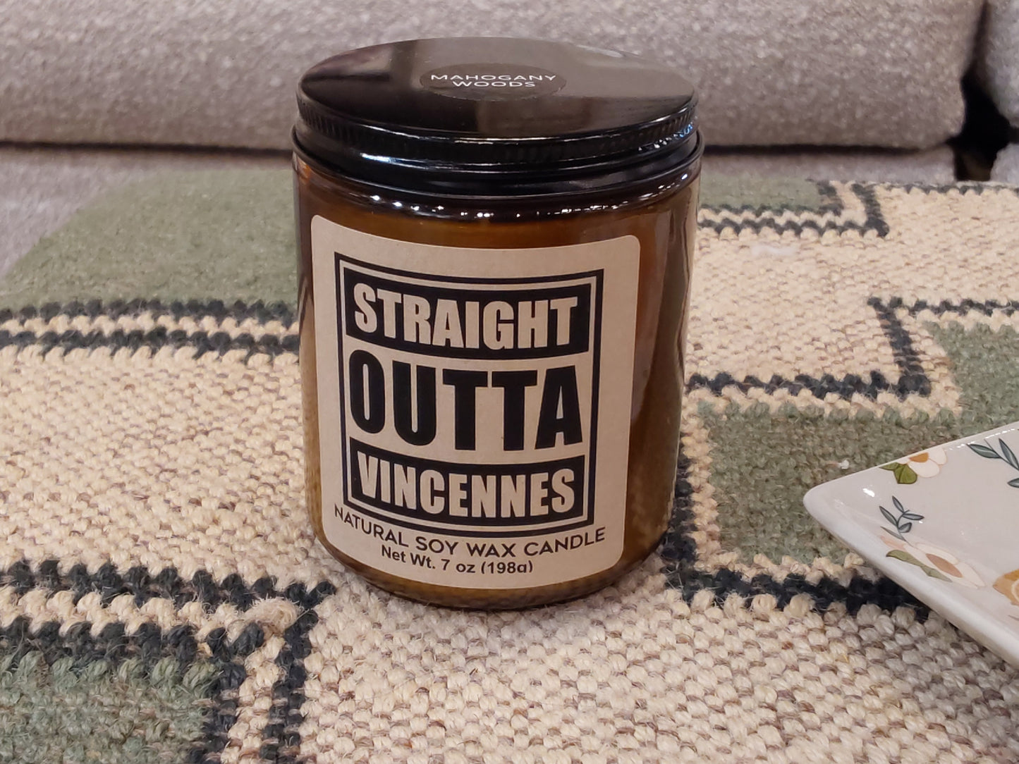 Custom Straight Outta Vincennes - Amber Screw Top Votive Candle: Mahogany Woods (Type)