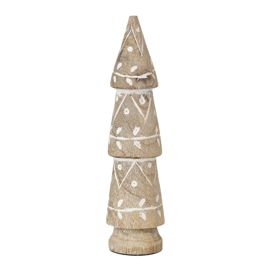 Hand-Carved Mango Wood Tree with Design, Whitewashed