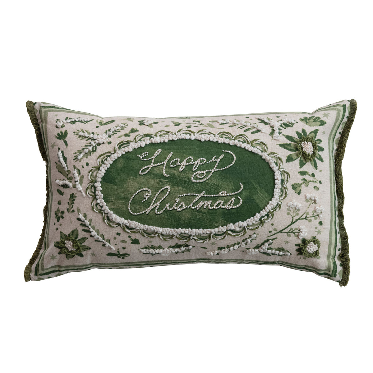 Cotton & Linen Lumbar Pillow with Embroidery, Beads & Eyelash Fringe ©