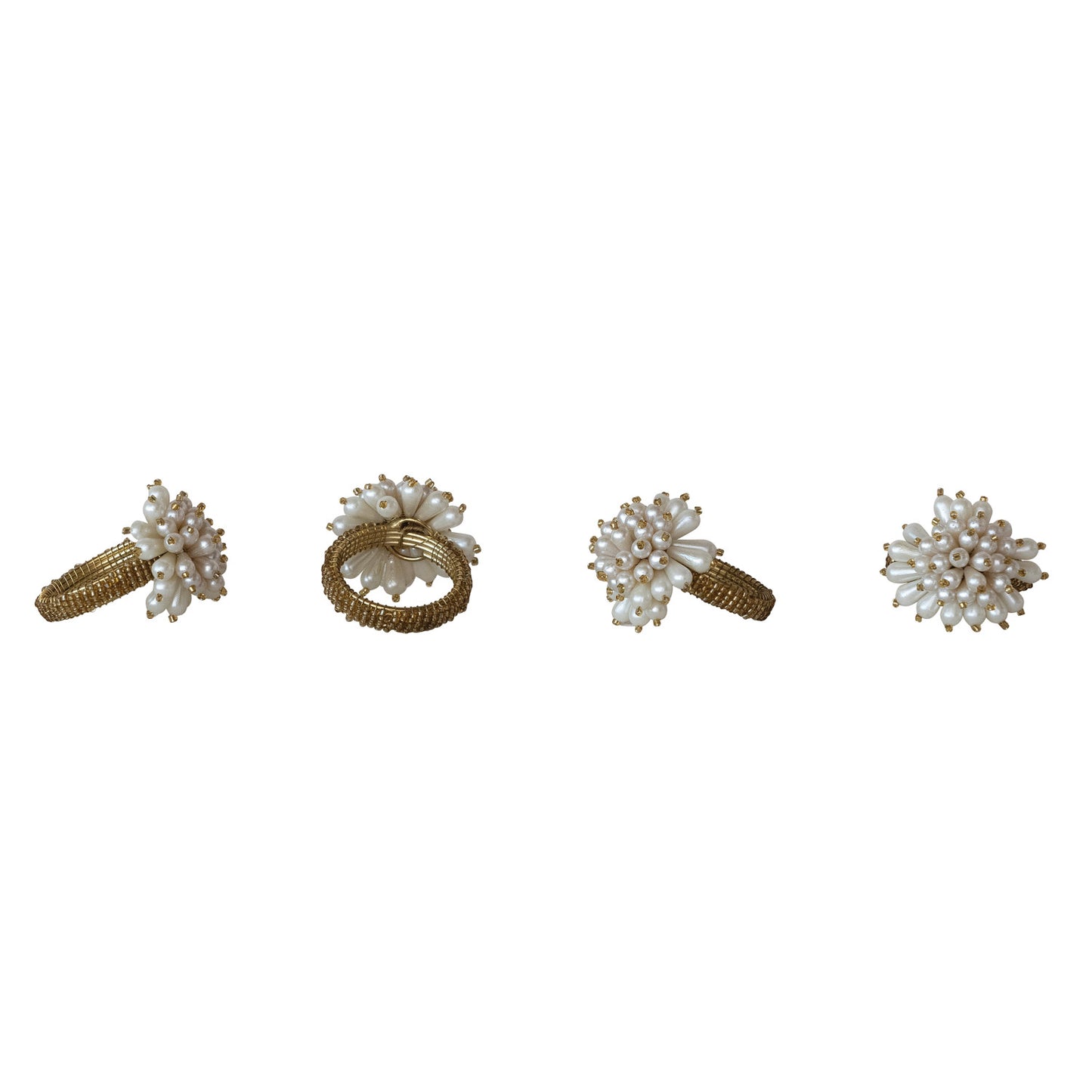 Glass Beaded Metal Napkin Rings with Faux Pearl Clusters, Set of 4 Tied with Jute