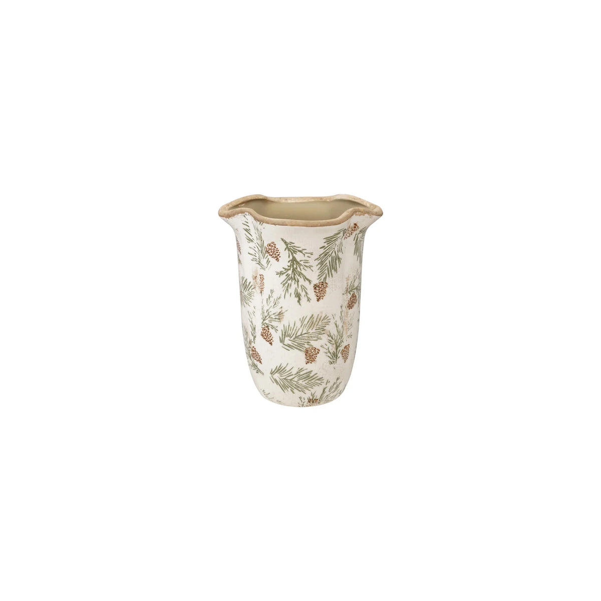 Stoneware Scalloped Planter/Vase with Transferware Pine Bough Pattern (Each One Will Vary)