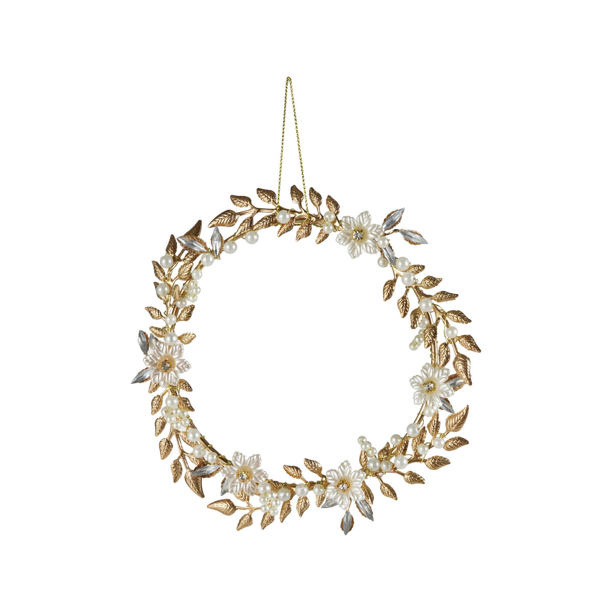 Plastic Wreath Ornament with Faux Pearls, Leaves & Flowers, Gold Finish
