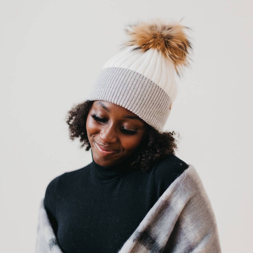 2 Tone Angora Knit Fur Pom Beanie: White with Grey Trim