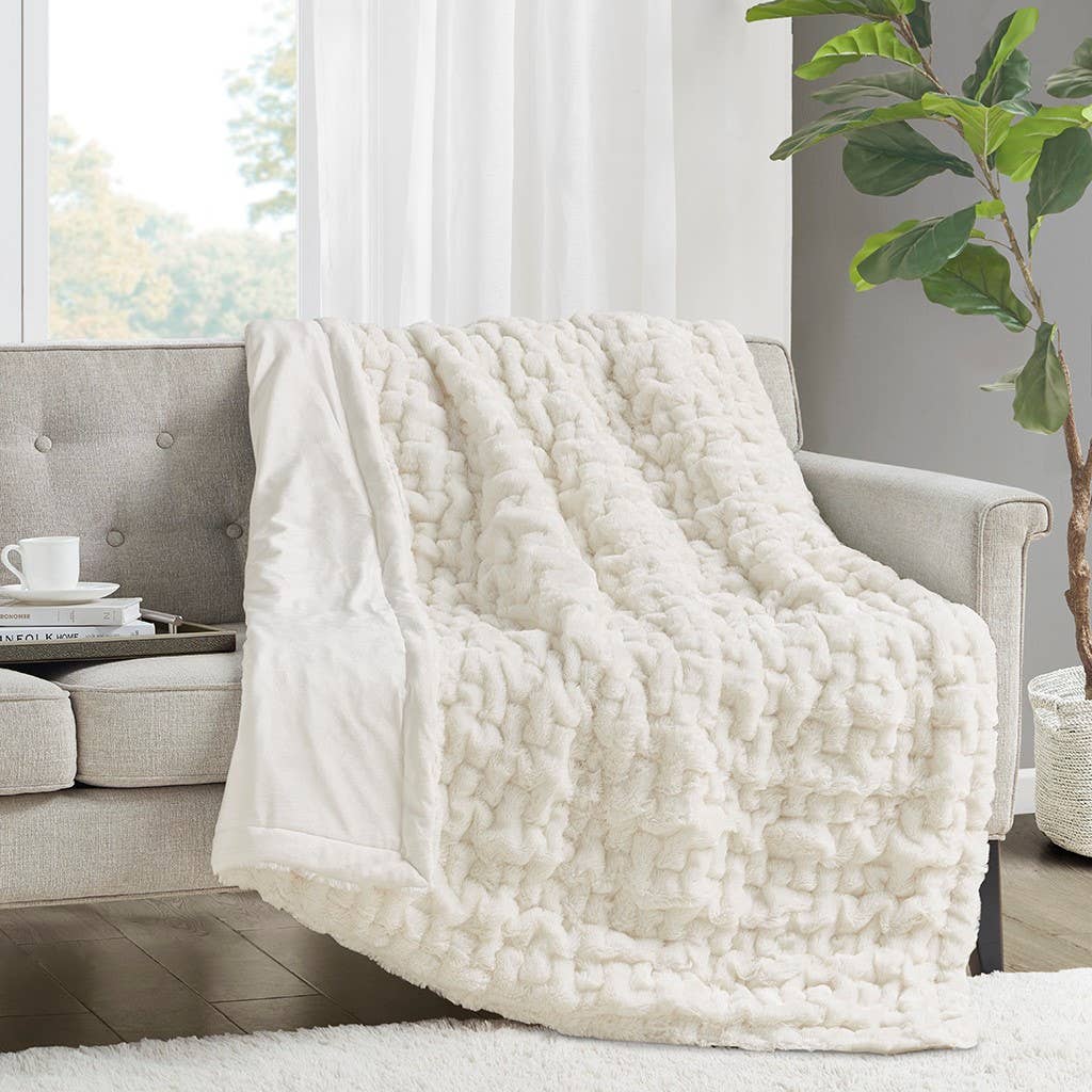 Soft Warm Ruched 50x60" Throw Blanket, Ivory: Throw Blanket