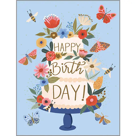 Birthday Greeting Card - Blooms and Wings Cake