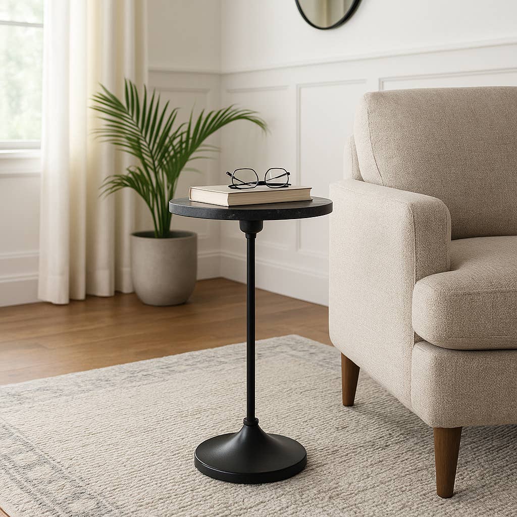 Side Table - Black Metal Pedestal Base Marble Top, 27 in.