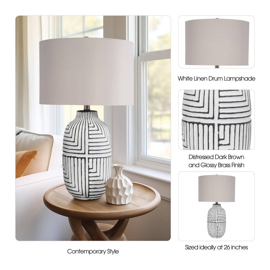 Table Lamp - White Ceramic Boho Tribal Textured, 26 in.