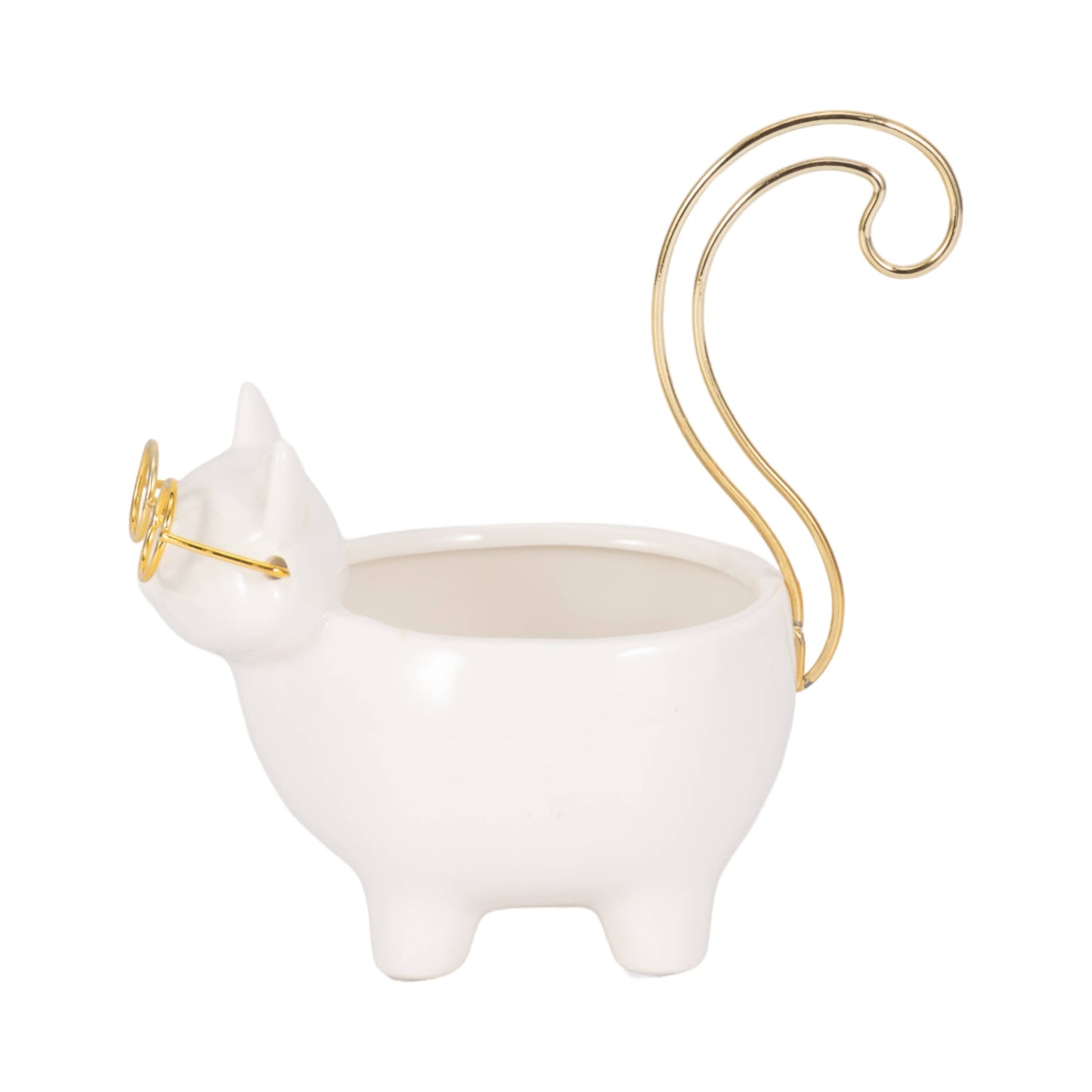 Trinket Dish - White/Gold Ceramic Boho Kitty, 7 in.