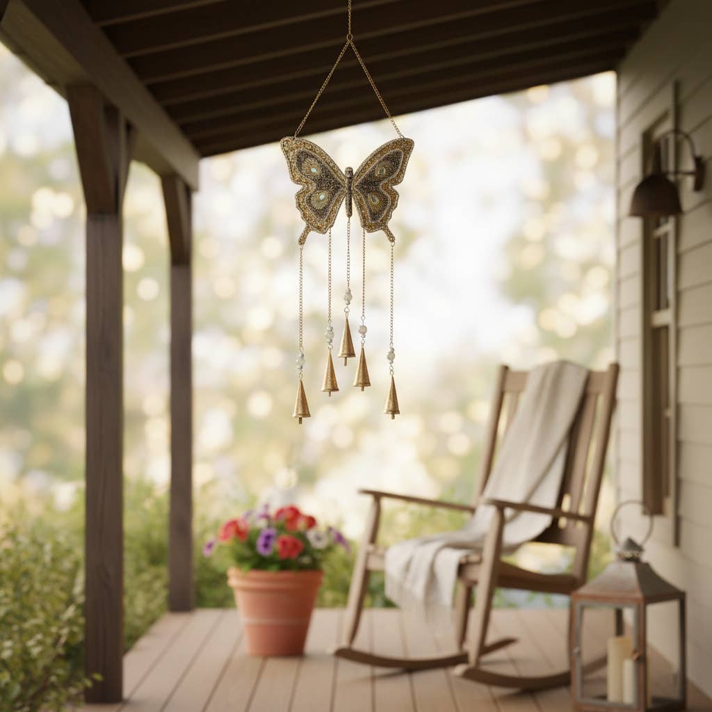 Wind Chime - Gold Metal Beads Mosaic Butterfly, 24 in.
