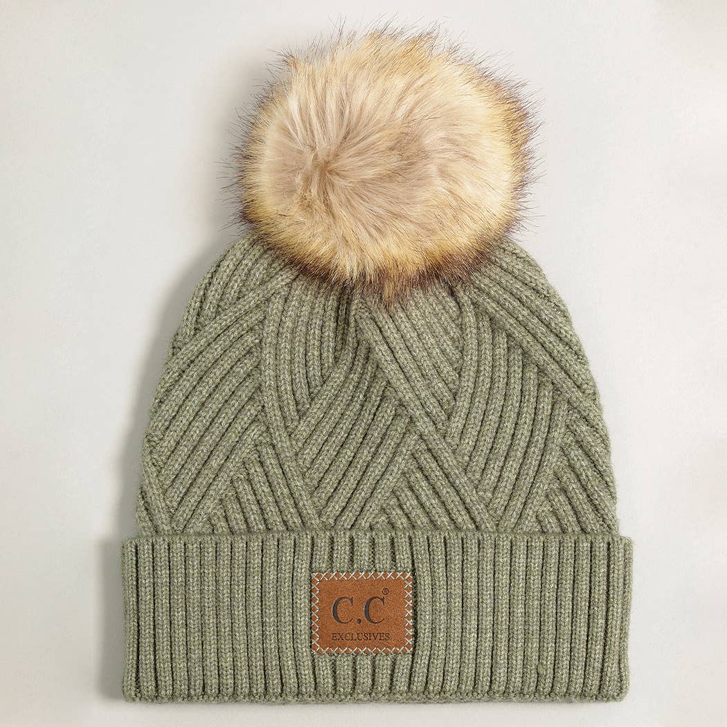 Heather Cuff Beanie with Pom-Pom: ONE SIZE / WARM GREY MIX