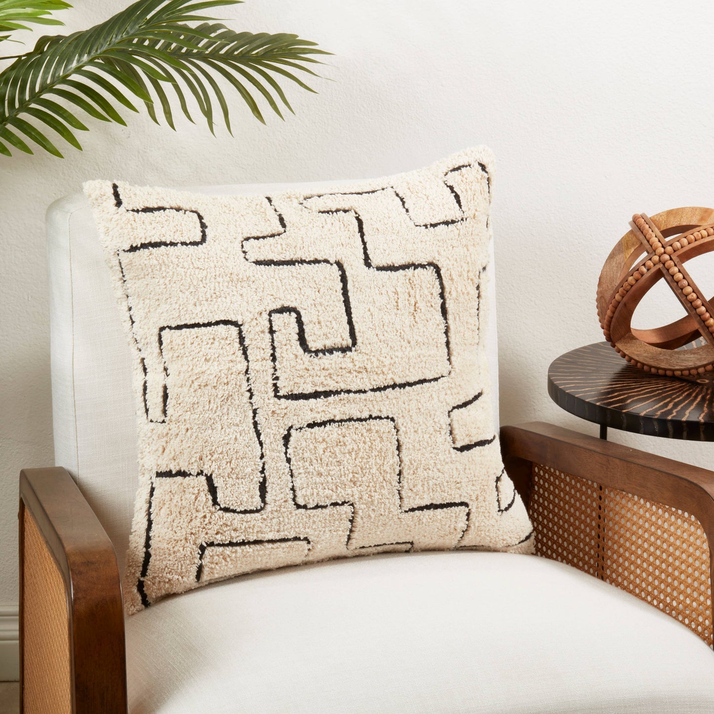 Geometric Splendor Tufted Throw Pillow: Black/Natural / Poly Filled / 20"